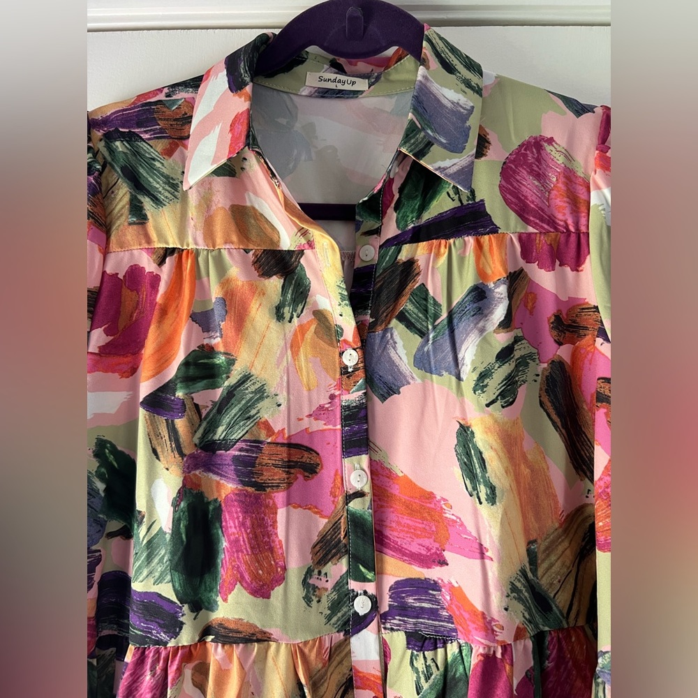 Floral Brushstroke Tiered Shirt Dress - Pink & Green - Picture 4 of 8